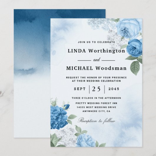 水彩青花婚礼请柬 招待状 (正面/裏面)