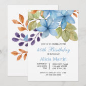 水彩青花植物任意年龄生日 招待状 (正面/裏面)