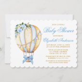 水彩青花気球リボン赤ちゃん歓迎会 招待状 (正面)