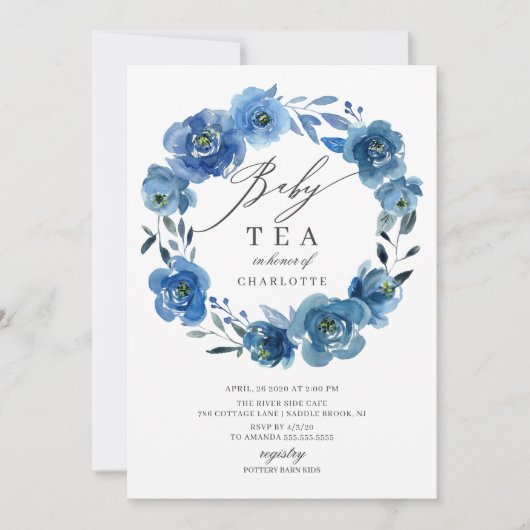 水彩青花赤ちゃんシャワーティー 招待状 (正面)