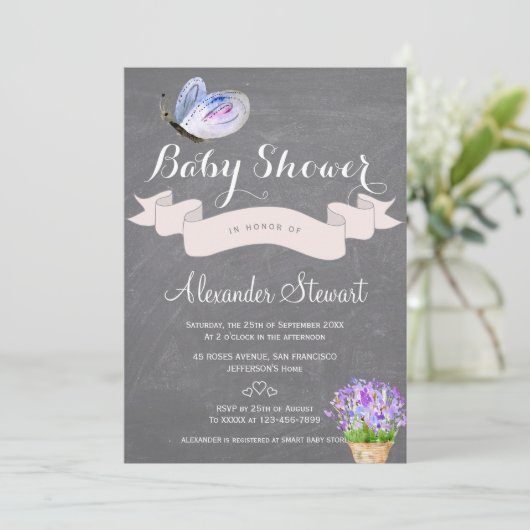 水彩青蝶のフローラ赤ちゃんシャワー 招待状 (スタンド正面)