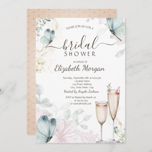 水彩青蝶シャンパングラス 招待状 (正面/裏面)