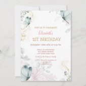 水彩青蝶ピンクストライプ誕生日 招待状 (正面)