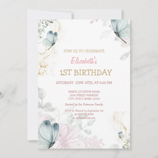 水彩青蝶ピンクストライプ誕生日 招待状 (正面)