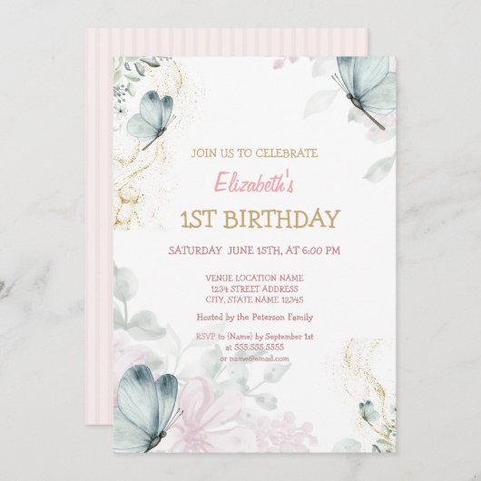 水彩青蝶ピンクストライプ誕生日 招待状 (正面/裏面)