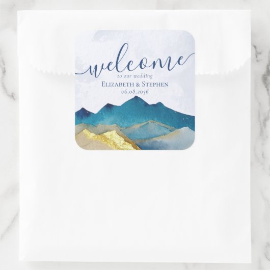 水彩青金箔山結婚の歓迎 スクエアシール (バッグ)