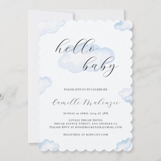 水彩青雲赤ちゃんシャワー写真招待状 招待状 (正面)
