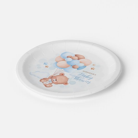 水彩青風船テディベア赤ちゃんシャワー ペーパープレート (アングル)