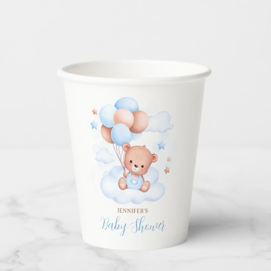 水彩青風船テディベア赤ちゃんシャワー 紙コップ (正面)