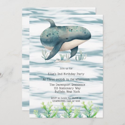 水彩青鯨少年ベビーシャワー 招待状 (正面/裏面)