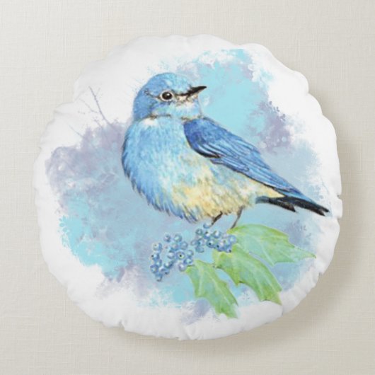 水彩青鳥かわいらしブルーガーデンバードアート ラウンドクッション (正面)