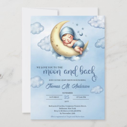 水彩青黄月とバック少年 招待状 (正面)