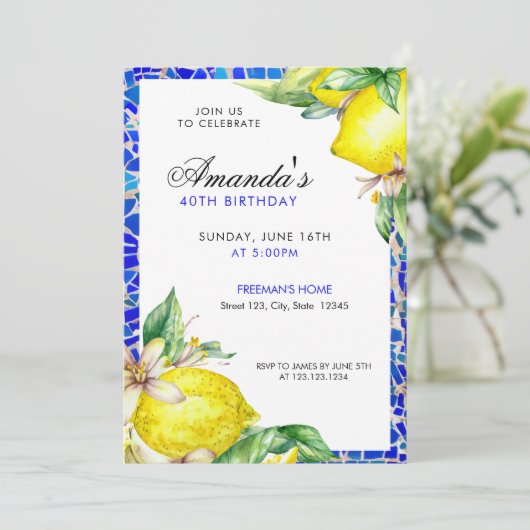 水彩青黄色レモン地中海タイル 招待状 (スタンド正面)