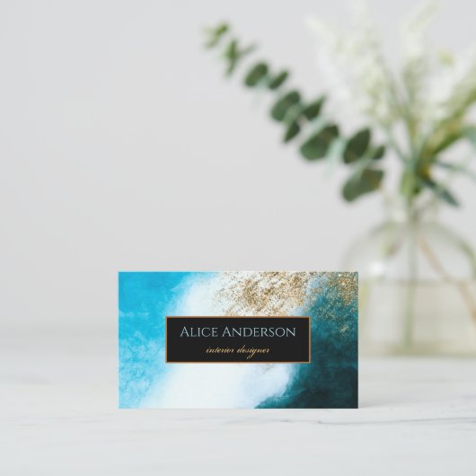水彩青黒金ゴールドグリッター設計者 名刺 (スタンド正面)