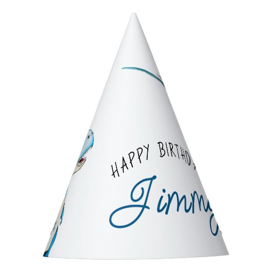 水彩青3つレックス恐竜誕生日 パーティーハット (正面)