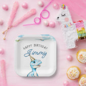 水彩青3つレックス恐竜誕生日 ペーパープレート (パーティー)