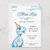 水彩青3つレックス恐竜誕生日 招待状 (正面)