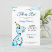 水彩青3つレックス恐竜誕生日 招待状 (スタンド正面)