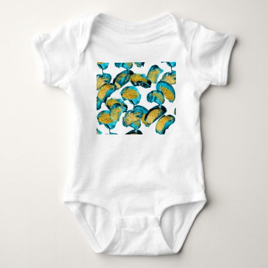 水彩青、ターコイズ、金ゴールドアート。 ベビーボディスーツ (正面)