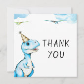 水彩青 三頭レックス恐竜の誕生日 サンキューカード (正面)