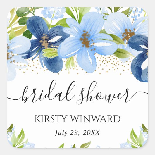 水彩青 夏の花 ブライダルシャワー スクエアシール (正面)
