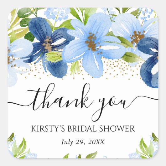 水彩青 夏の花 ブライダルシャワー スクエアシール (正面)