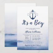 水彩青 nautical ベビーシャワー 招待状 (正面/裏面)