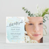 水彩青x金ゴールド写真バルミツワー 招待状 (スタンド正面)