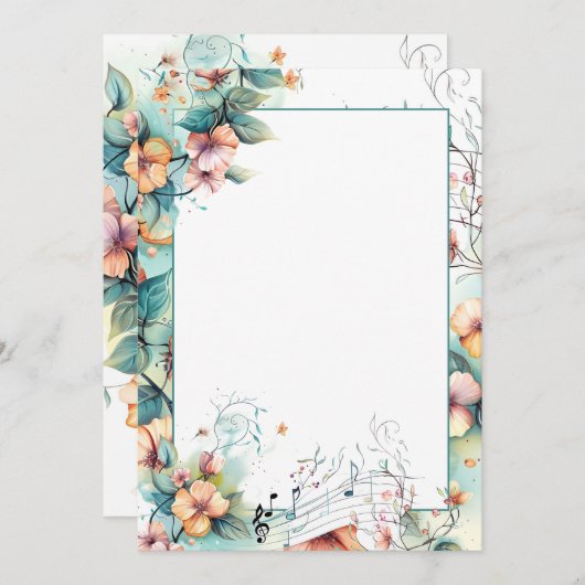 水彩音楽のノートと花 招待状 (正面/裏面)