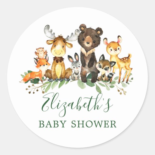 水彩風の森の動物のベイビーシャワーのシール ラウンドシール (正面)