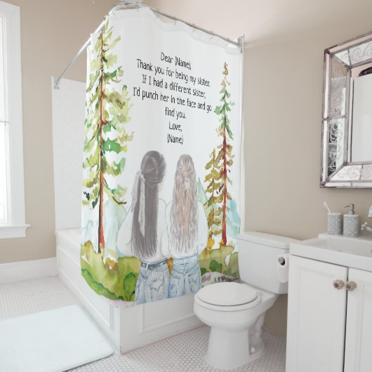 水彩風景と2女の子のメッセージカスタムを表示 シャワーカーテン (インサイチュ)