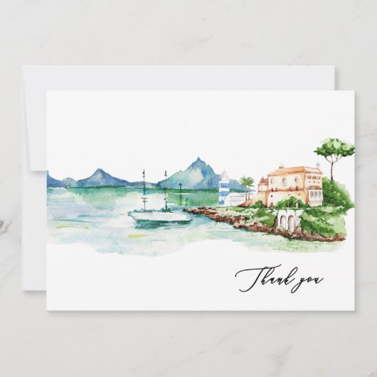 水彩風景地中海の名前をカスタムする サンキューカード (正面)