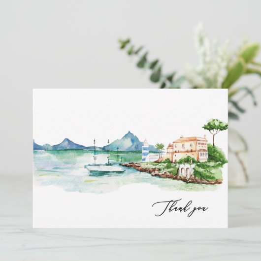 水彩風景地中海の名前をカスタムする サンキューカード (スタンド正面)