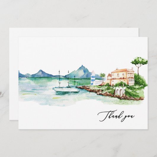 水彩風景地中海の名前をカスタムする サンキューカード (正面/裏面)