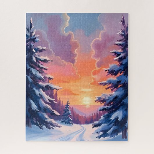 水彩風景画 冬の雪の夕日 ジグソーパズル (縦)