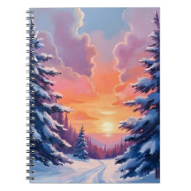 水彩風景画 冬の雪の夕焼け