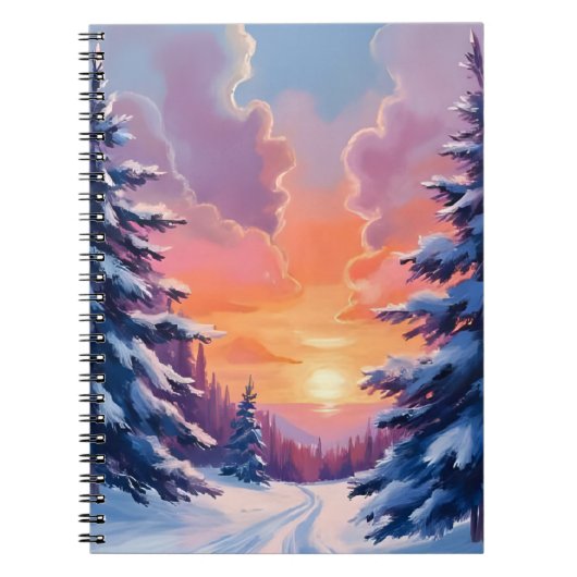 水彩風景画 冬の雪の夕焼け ノートブック (正面)