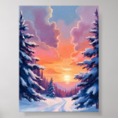 水彩風景画 | 冬の雪の夕焼け ポスター (正面)