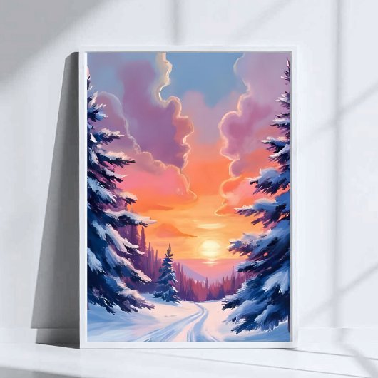 水彩風景画 | 冬の雪の夕焼け ポスター