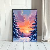 水彩風景画 | 冬の雪の夕焼け ポスター