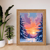 水彩風景画 | 冬の雪の夕焼け ポスター