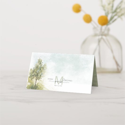水彩風景結婚のセージ緑ID786 プレイスカード (裏面)
