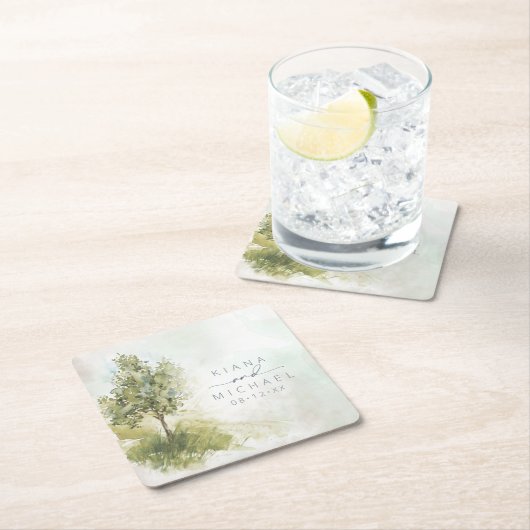 水彩風景結婚のセージ緑ID786 Squa スクエアペーパーコースター (インサイチュ)
