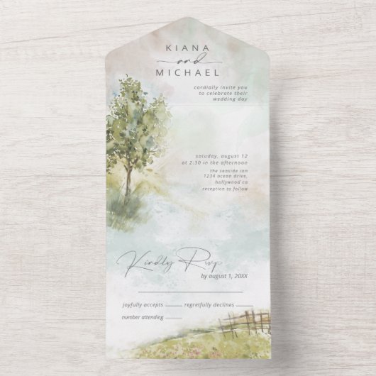 水彩風景結婚の全セージ緑ID786 オールインワン招待状 (内側)