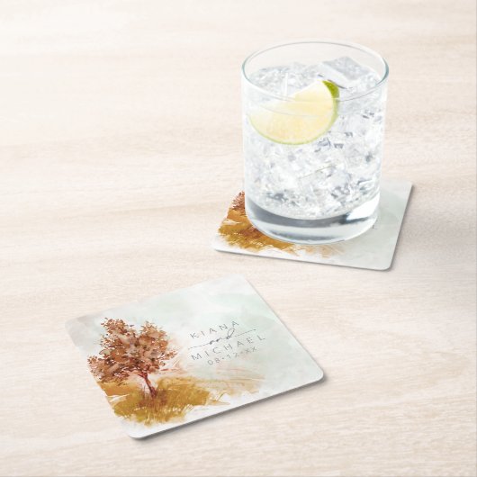 水彩風景結婚の秋金ゴールドID786 スクエアペーパーコースター (インサイチュ)