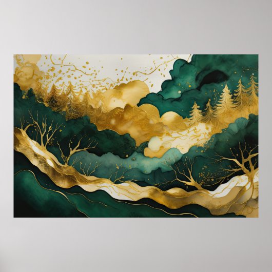 水彩風景絵画の金ゴールド緑VI ポスター (正面)