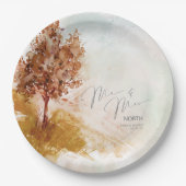水彩風景Mr&Mrs秋季金ゴールドID786 ペーパープレート (正面)