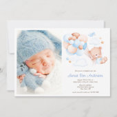 水彩風船とクマPhoto Boy Baptism 招待状 (正面)