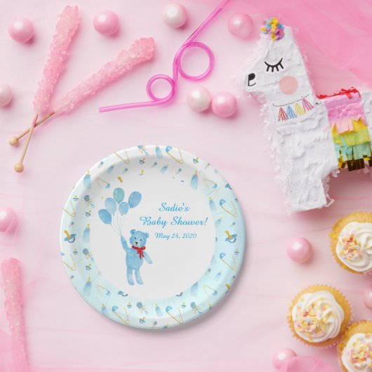 水彩風船のベビーシャワー付きテディベア ペーパープレート (パーティー)