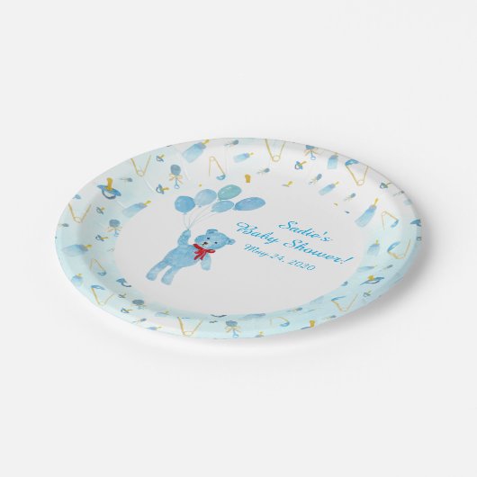 水彩風船のベビーシャワー付きテディベア ペーパープレート (アングル)